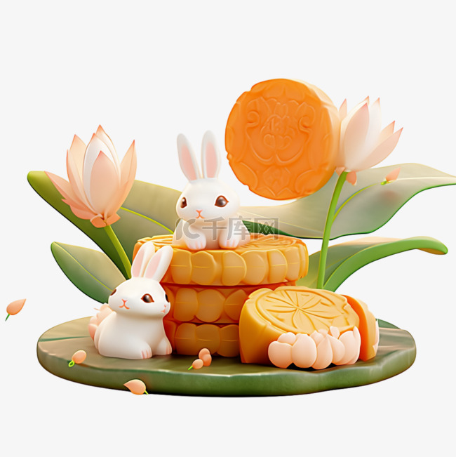 中秋节白兔月饼卡通3d元素