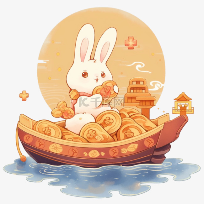 月饼月亮船卡通手绘中秋节小兔元