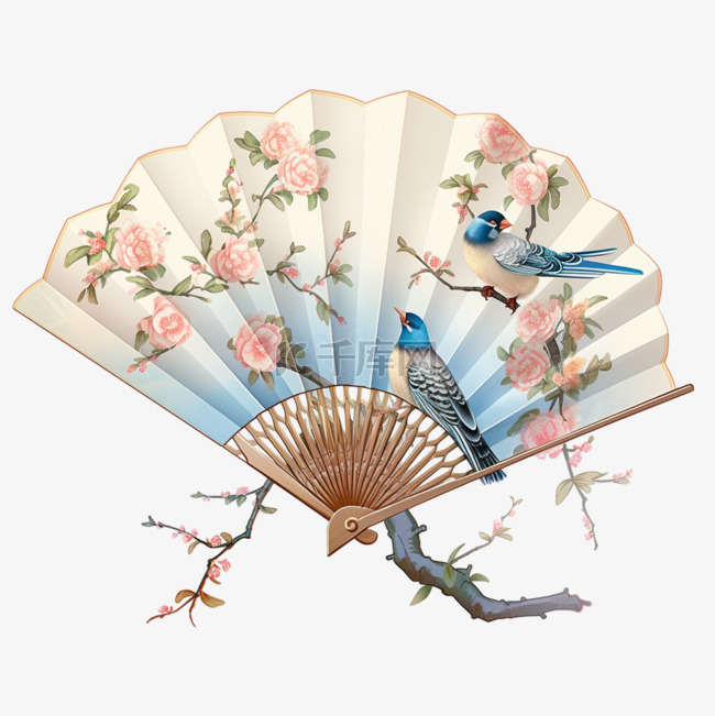 七夕情人节中国风传统喜鹊折扇蓝