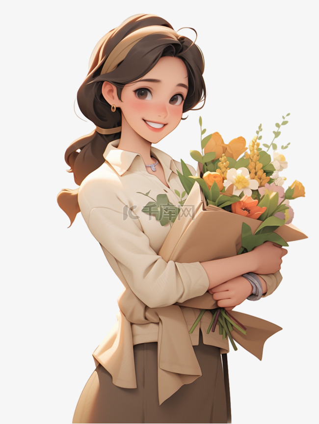 教师节捧花的老师人物3D卡通手