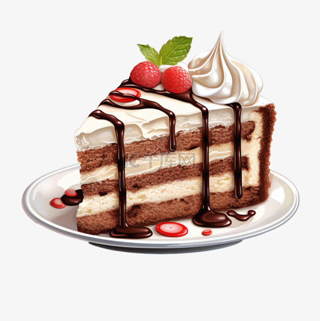 三角蛋糕巧克力水果奶油元素写实