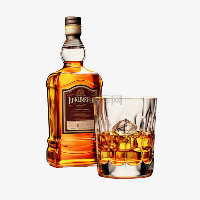 威士忌酒瓶酒杯冰块写实元素装饰