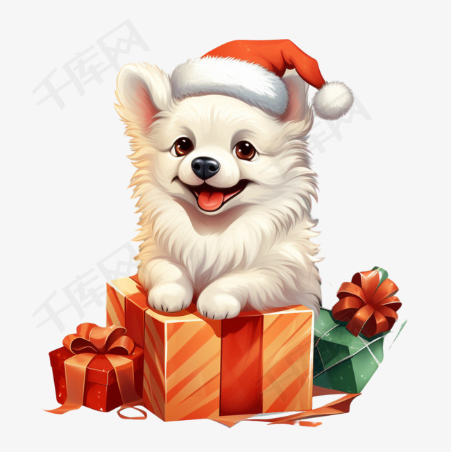 圣诞快乐文本和狗打开圣诞礼物