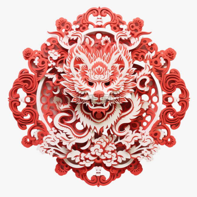 红色龙剪纸节日氛围中国龙平面装