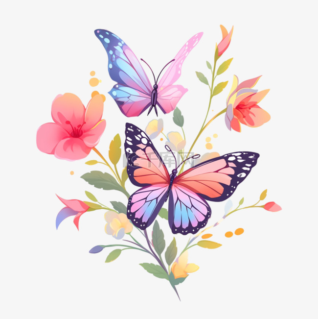 花丛中卡通手绘元素蝴蝶