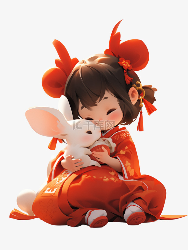 中秋节可爱的女孩与兔子3D