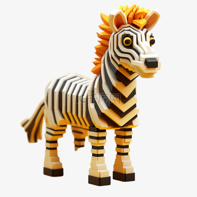 3D乐高动物像素风积木斑马黄色