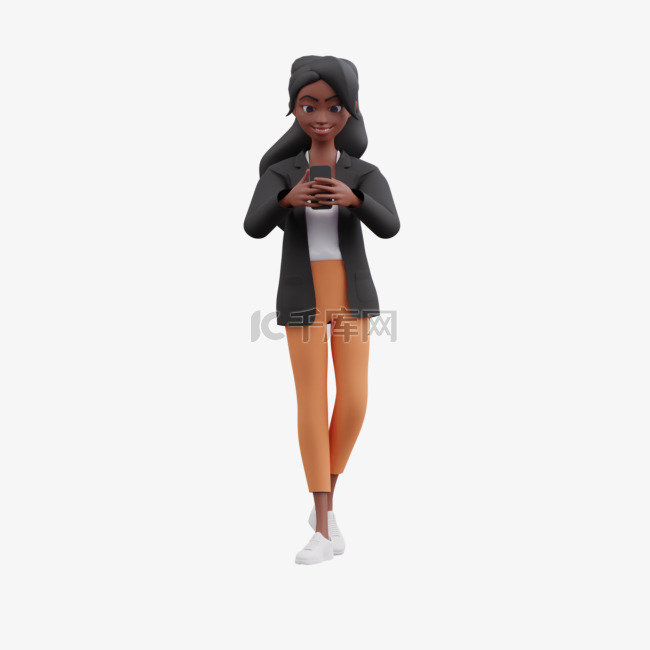 帅气动作的黑人女性步行玩手机