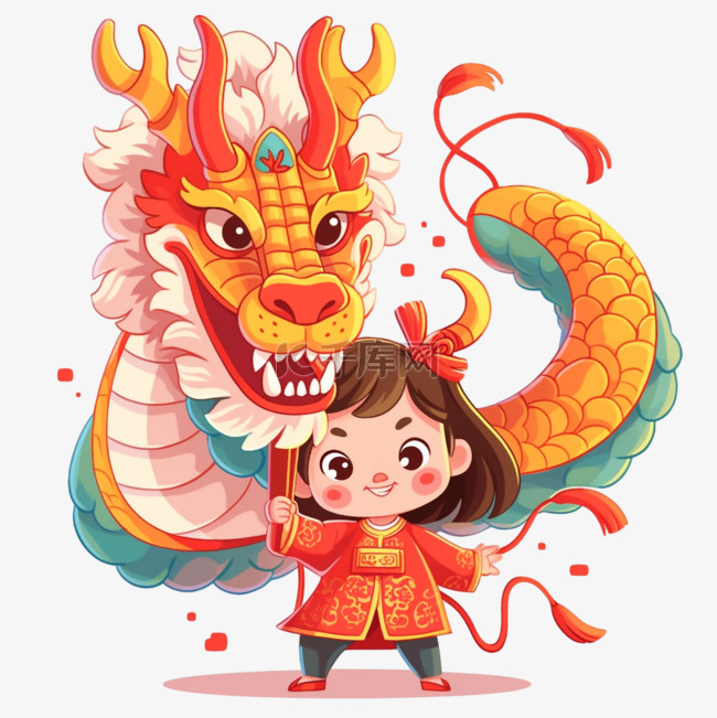 卡通手绘春节的小孩和中国龙20