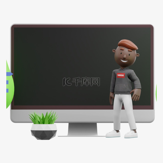 3D帅气黑人男性在电脑前的姿势