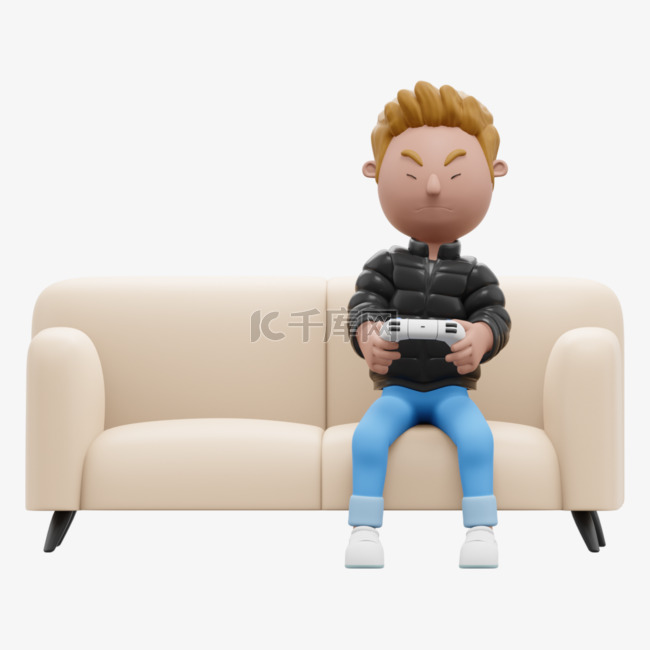 帅气男人打游戏3D白人坐沙发动