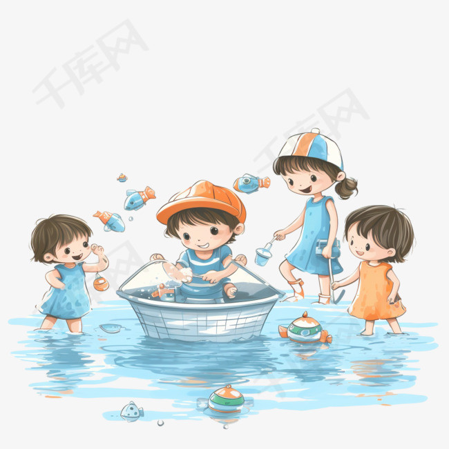 手绘卡通可爱的孩子们准备游泳2