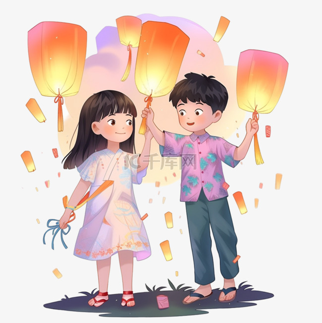 中元节卡通可爱的孩子放孔明灯手