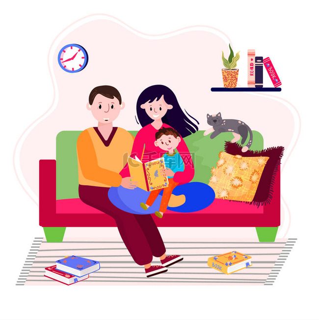 家人呆在家里看书或童话故事。母