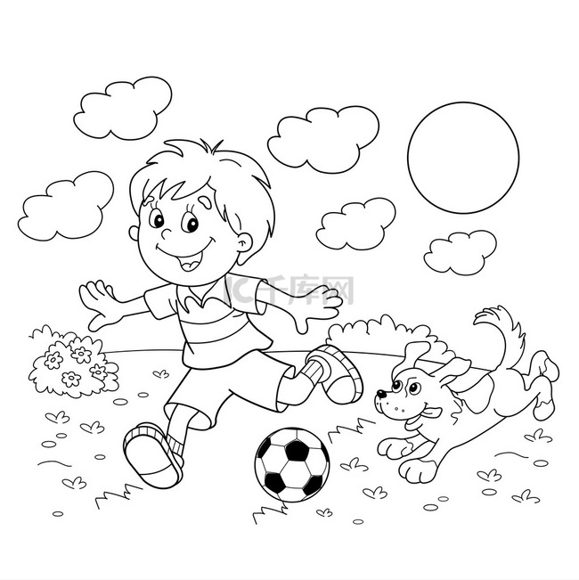 着色页大纲的卡通男孩与一个足球