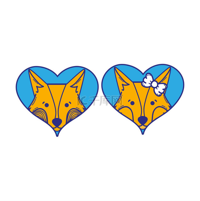 可爱的狐狸夫妇动物在心脏向量例