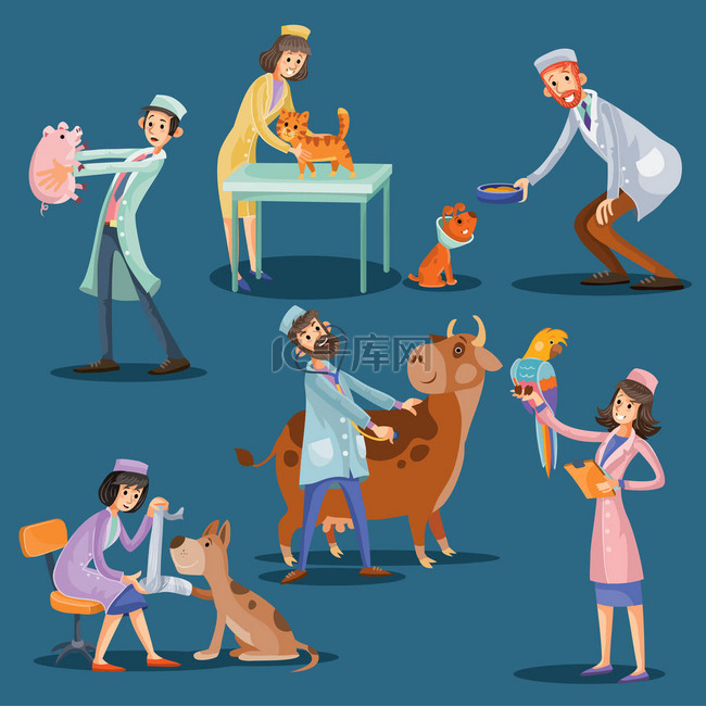 兽医与可爱的宠物卡通矢量插图