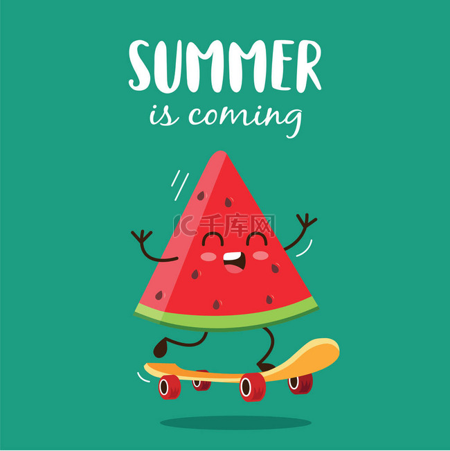 夏天来了，滑板上有可爱的西瓜角