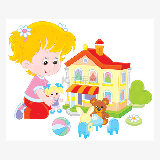 女孩与娃娃和玩具的房子