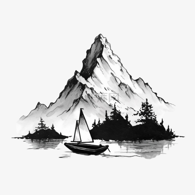 山水小船手绘元素水墨画