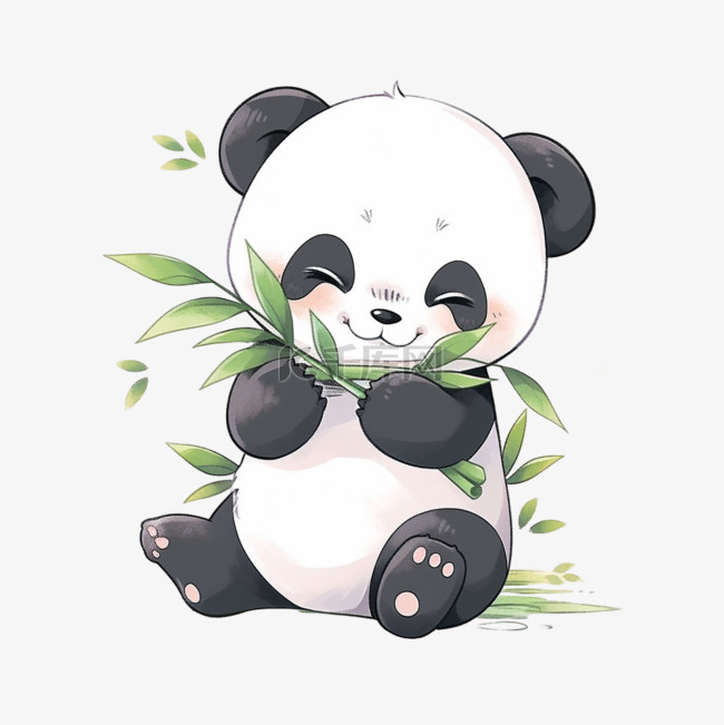 熊猫拿着竹子玩耍手绘卡通元素