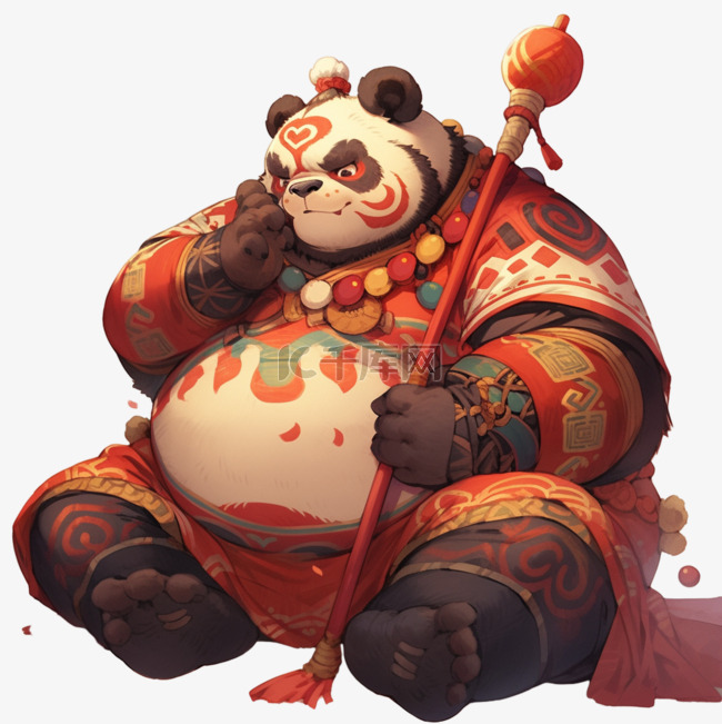 拟人化熊猫穿着戏服元素手绘