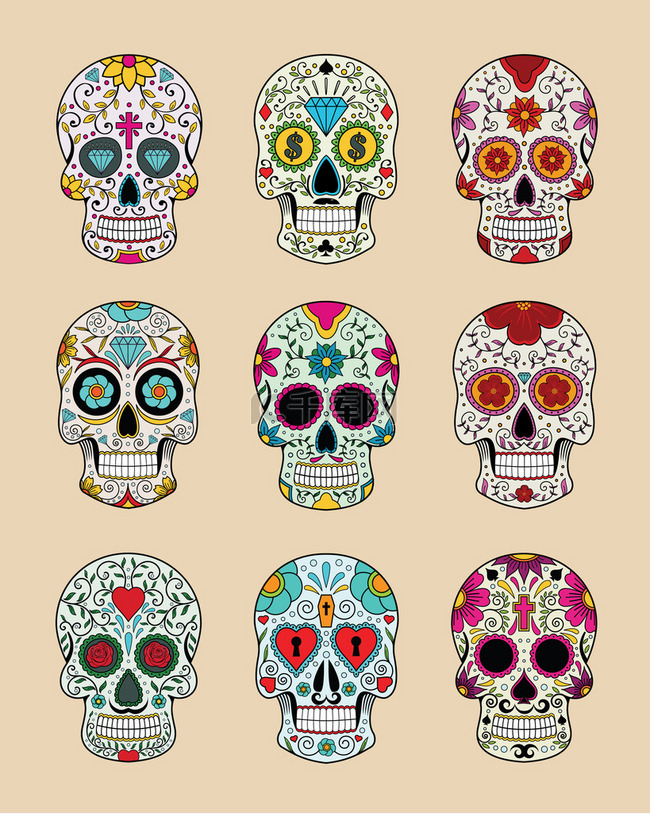 在墨西哥传统的头骨矢量插图集