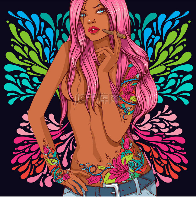 蝴蝶纹身的粉红色的长头发的女孩