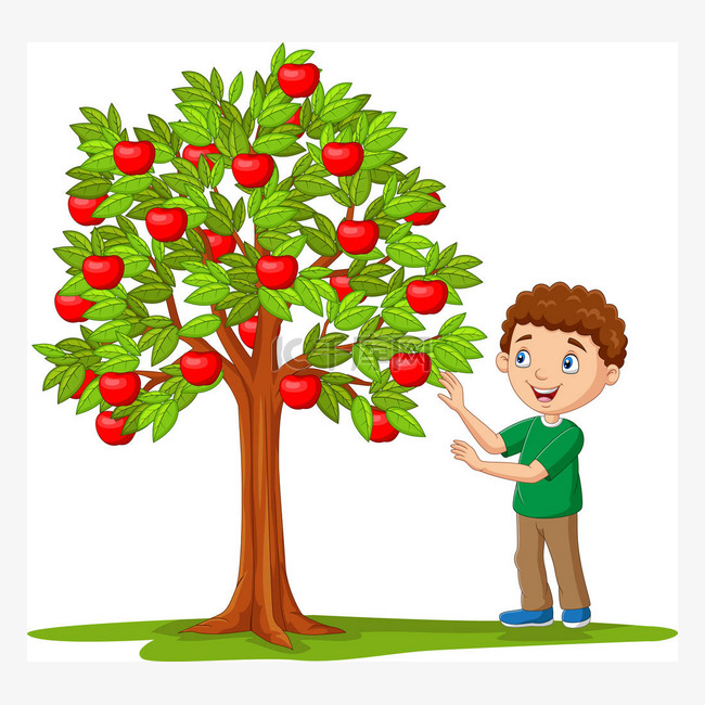卡通男孩从苹果树上摘苹果的矢量