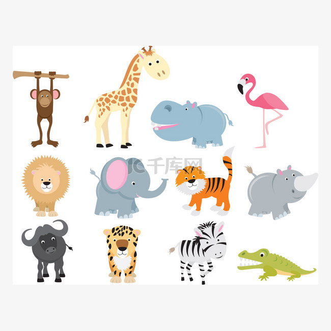 可爱的野生动物园动物卡通套
