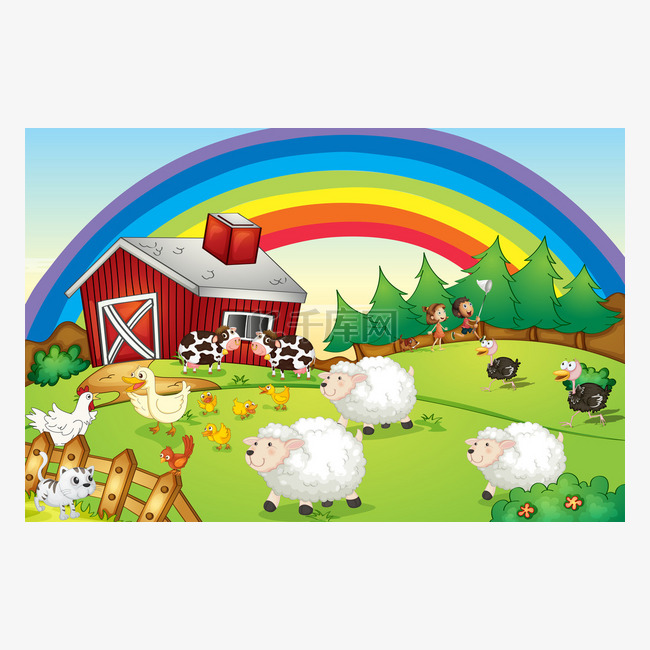 许多动物与天空中的彩虹农场