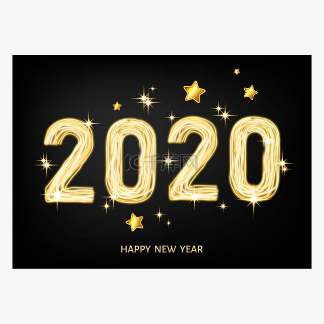 2020快乐新年黑色背景与金黄星.