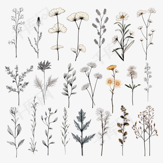 花卉线条艺术植物水彩最小插图集