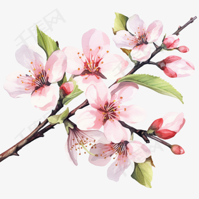 收集向量水彩画风格的樱花和枝条