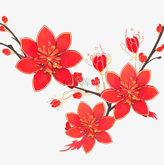 新年红色梅花剪纸立体手绘元素