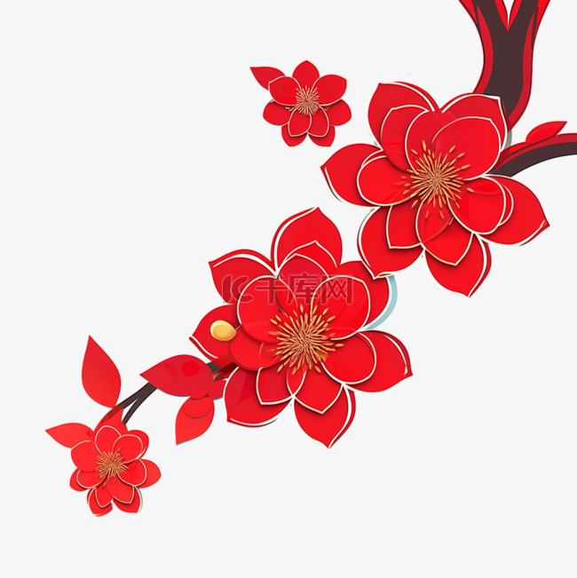 新年红色剪纸手绘立体梅花元素