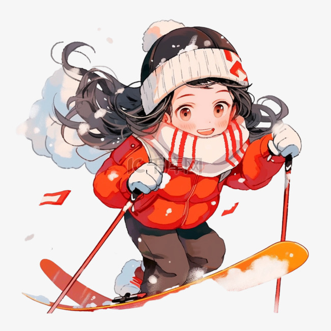 冬天可爱的女孩卡通手绘滑雪元素