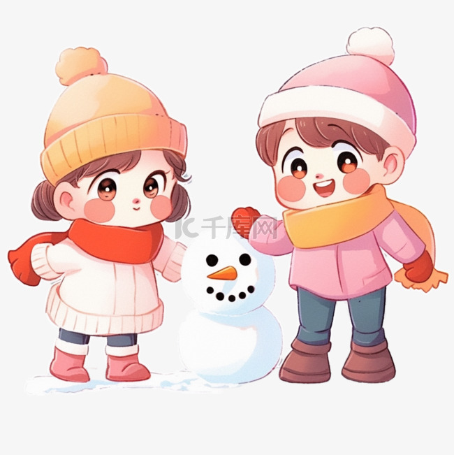 冬天可爱孩子卡通堆雪人手绘元素