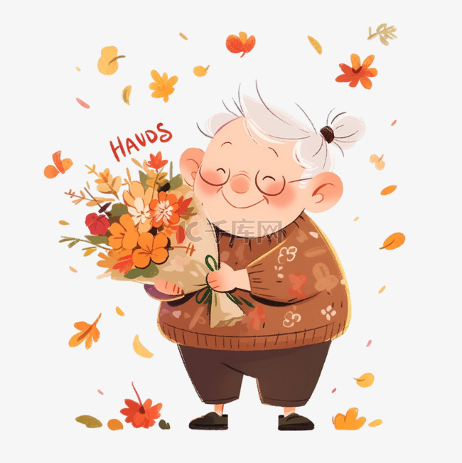 感恩节老人抱着献花元素卡通手绘