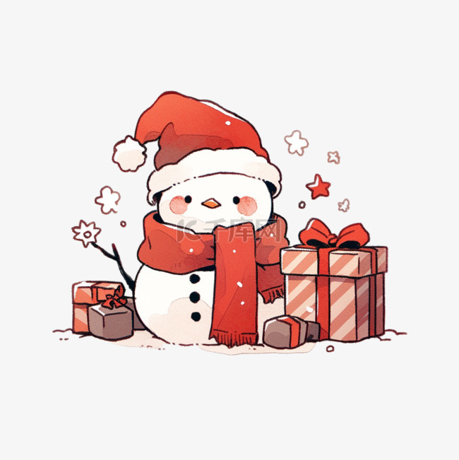 圣诞节手绘雪人拿着礼盒卡通元素