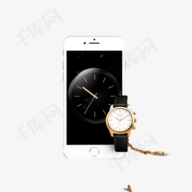 一部手机和一块黑色背景的手表