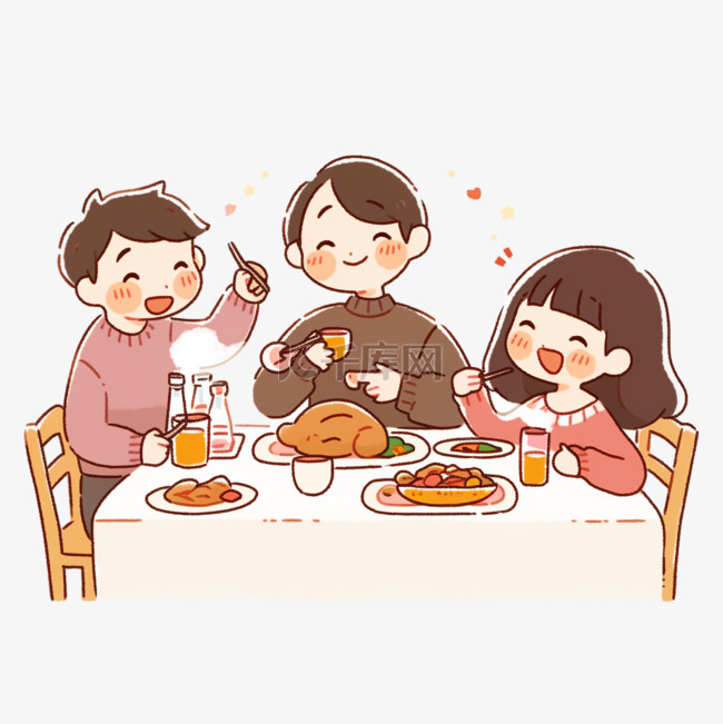 感恩节一家团聚吃饭卡通元素手绘