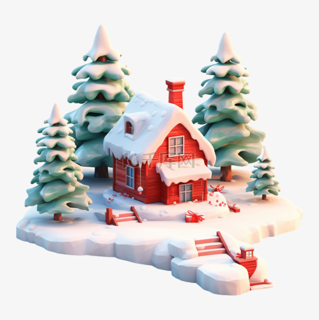圣诞节雪景圣诞树小木屋装饰元素