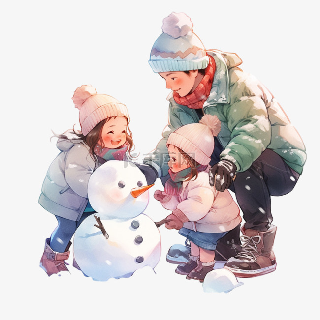 冬天家人卡通堆雪人手绘元素