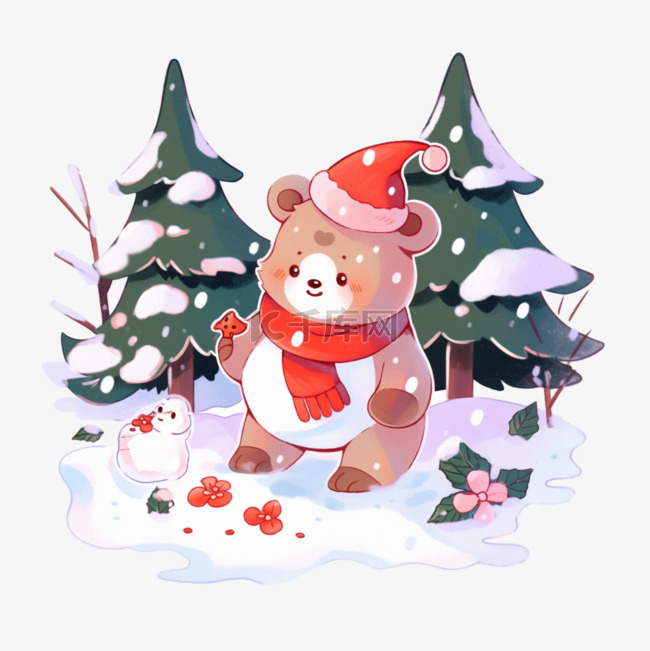 冬天可爱小熊卡通手绘松树雪天元