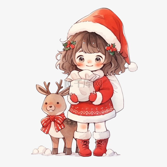 可爱的女孩小鹿礼物卡通手绘圣诞