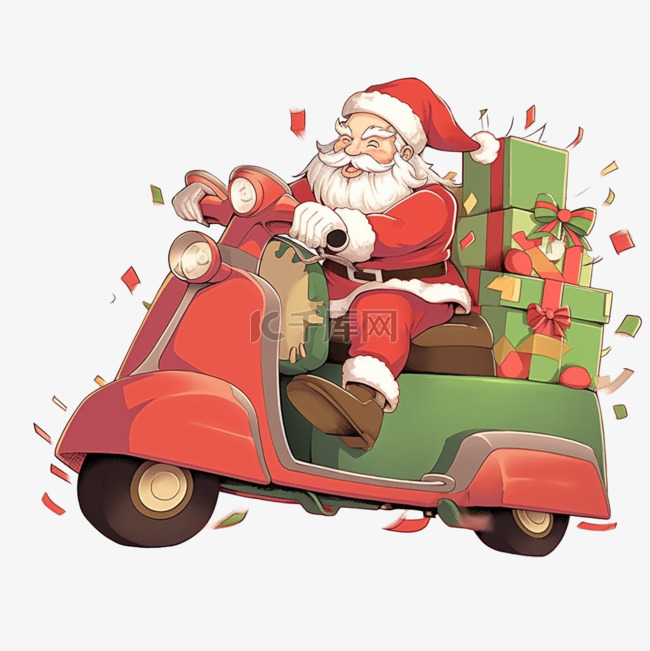 圣诞老人骑车礼物卡通手绘圣诞节