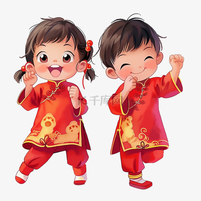 春节卡通新年拜年的孩子手绘元素