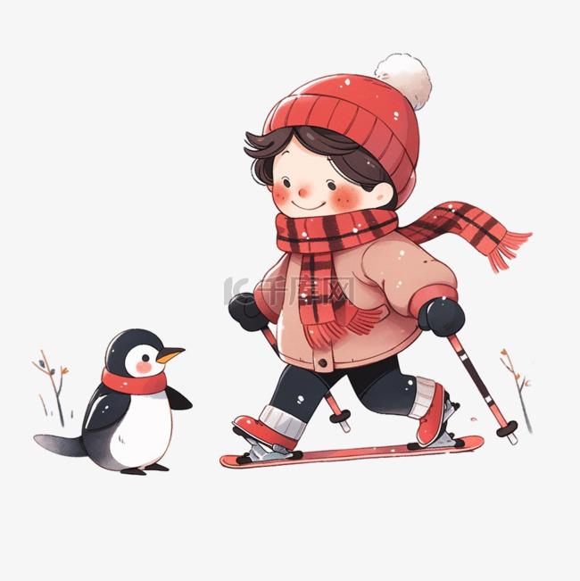 冬天可爱的男孩卡通小企鹅滑雪手
