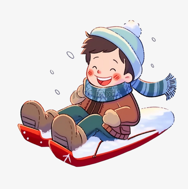 手绘元素冬天可爱男孩滑雪撬卡通
